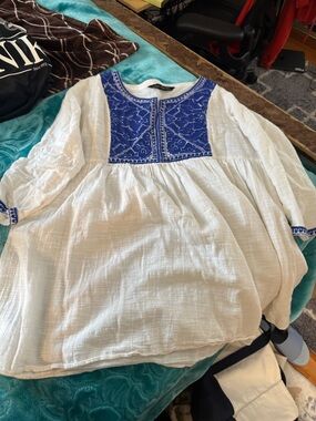 Zara womens White Gauze Peasant Top with Blue Embroidered Yoke